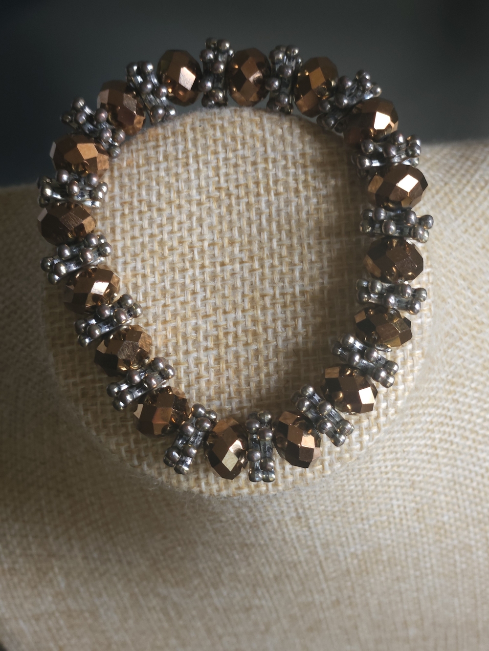 Faceted Bronze and Silver Beaded Stretch Bracelet